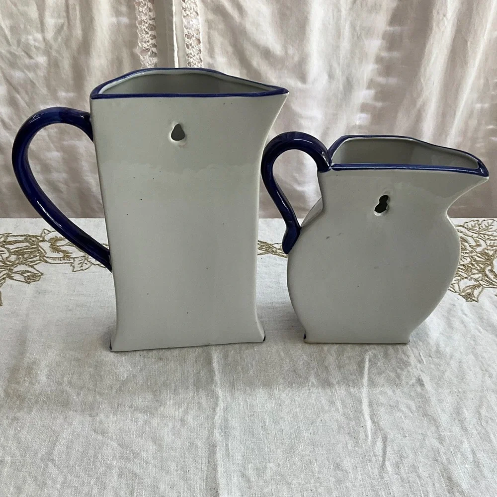 Blue White Floral Chinoiserie Wall Pocket Pitcher Ceramic Vases Cottagecore 2pc